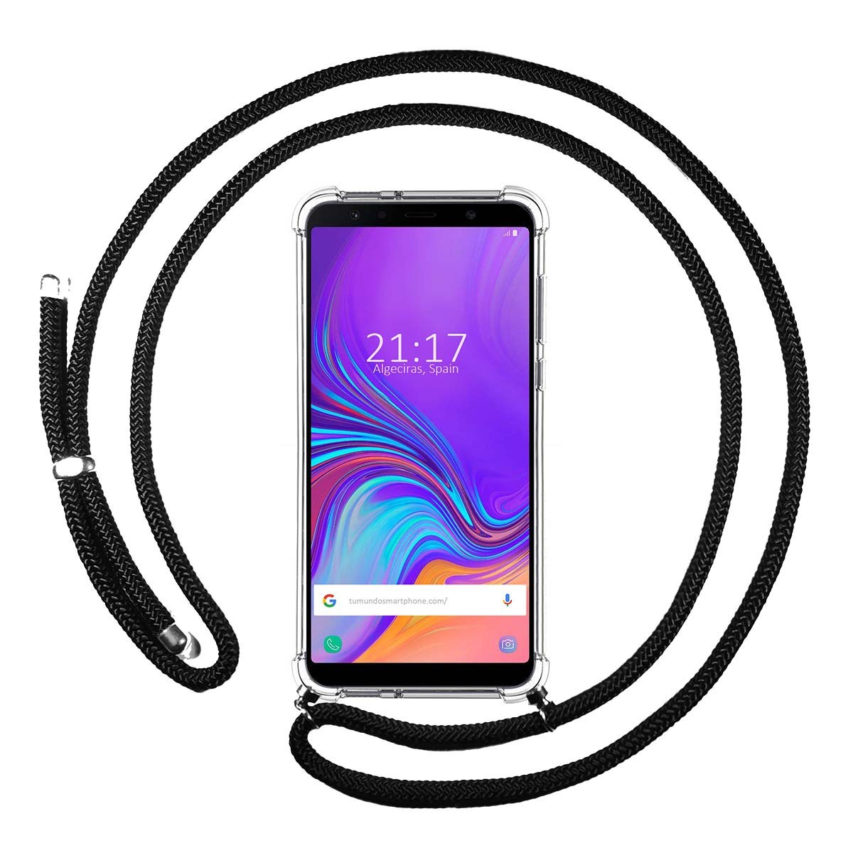 Teléfono con cuerda negra, hora 21:17, Algeciras, España. Funda transparente.