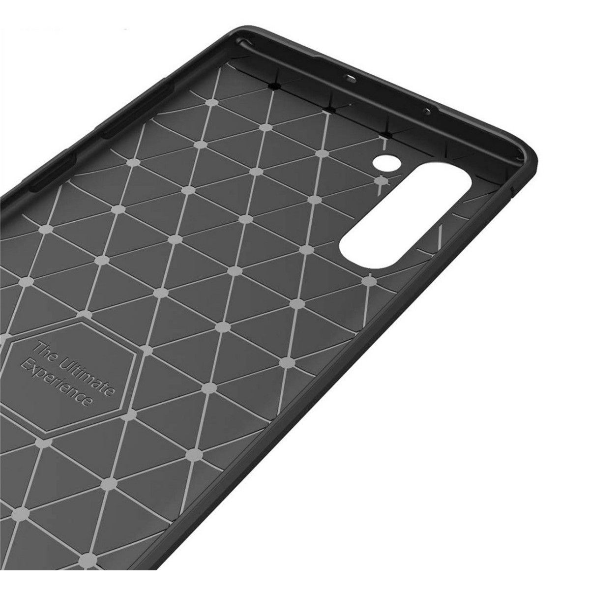 Custodia per telefono nera con un motivo geometrico all'interno. Le parole: The Ultimate Experience.