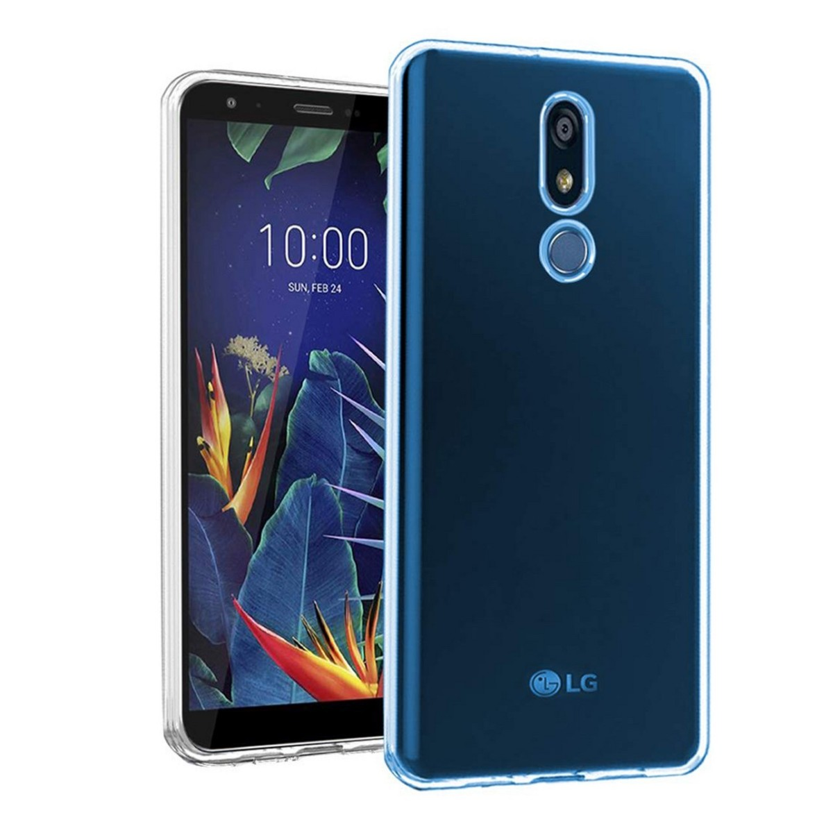 Teléfono con funda azul y teléfono mostrando hora y hojas en la pantalla.