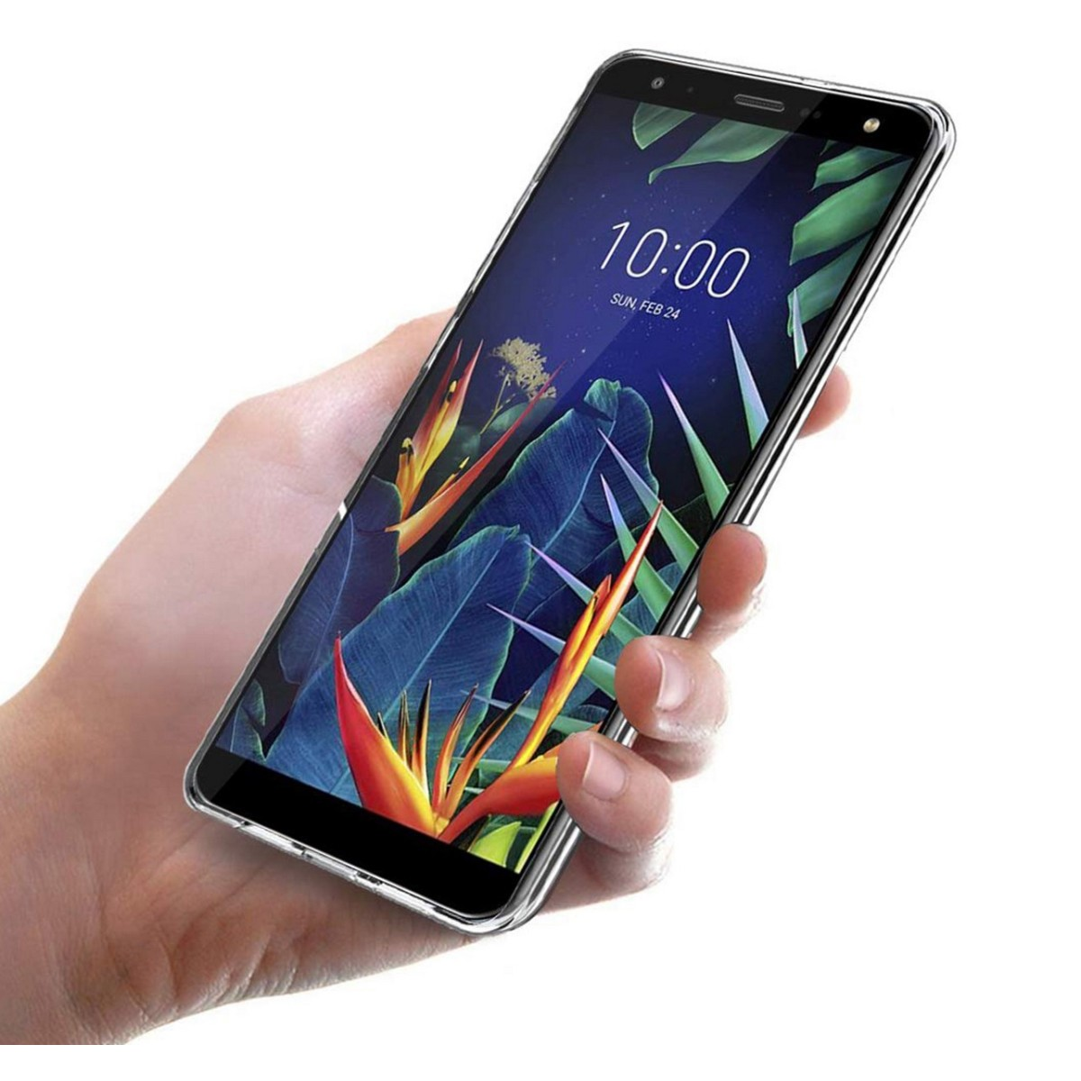 Mano sosteniendo un teléfono. La pantalla muestra un diseño floral y la hora.