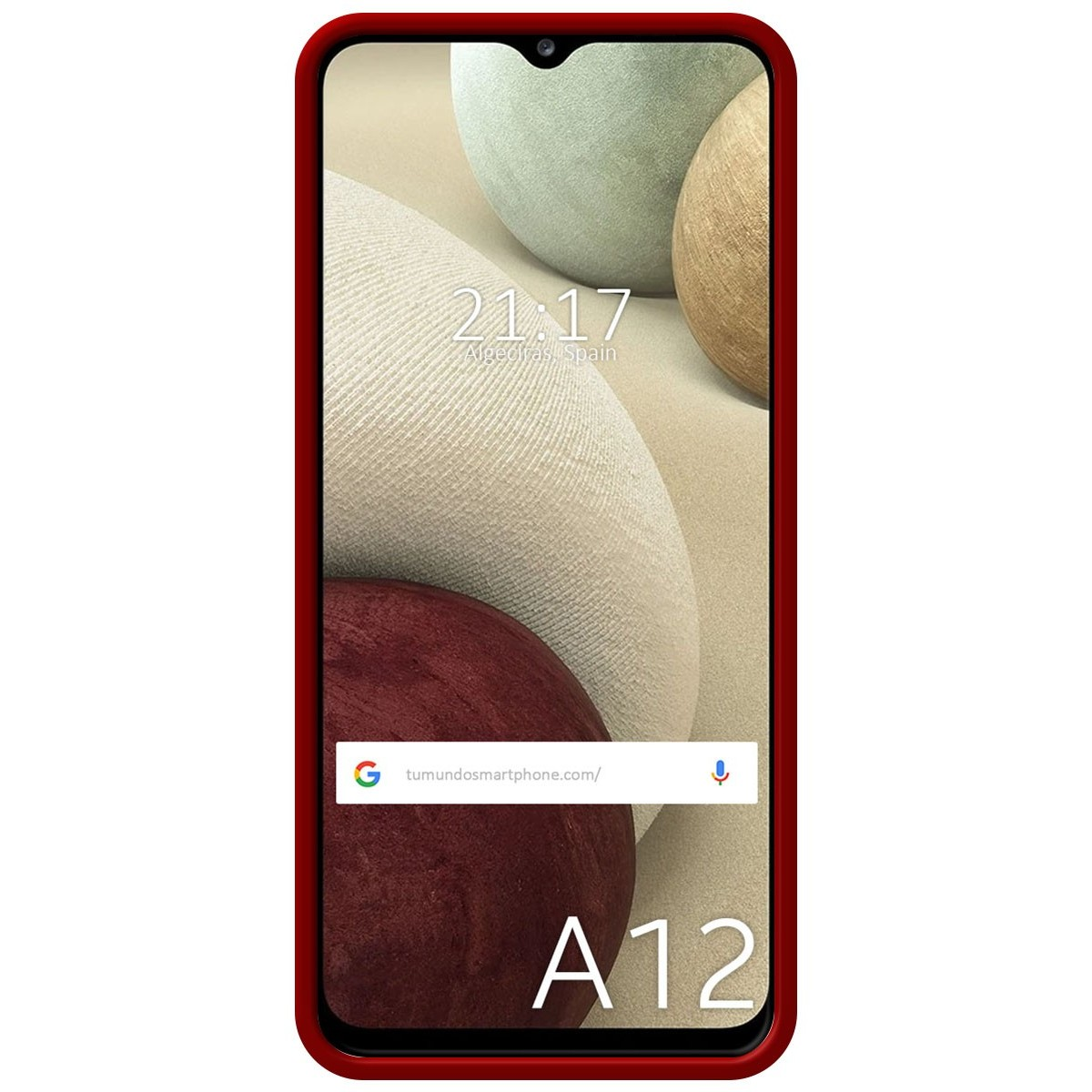 Schermo del telefono con cornice rossa che mostra tre sfere. Visualizza l'ora e la barra di ricerca.