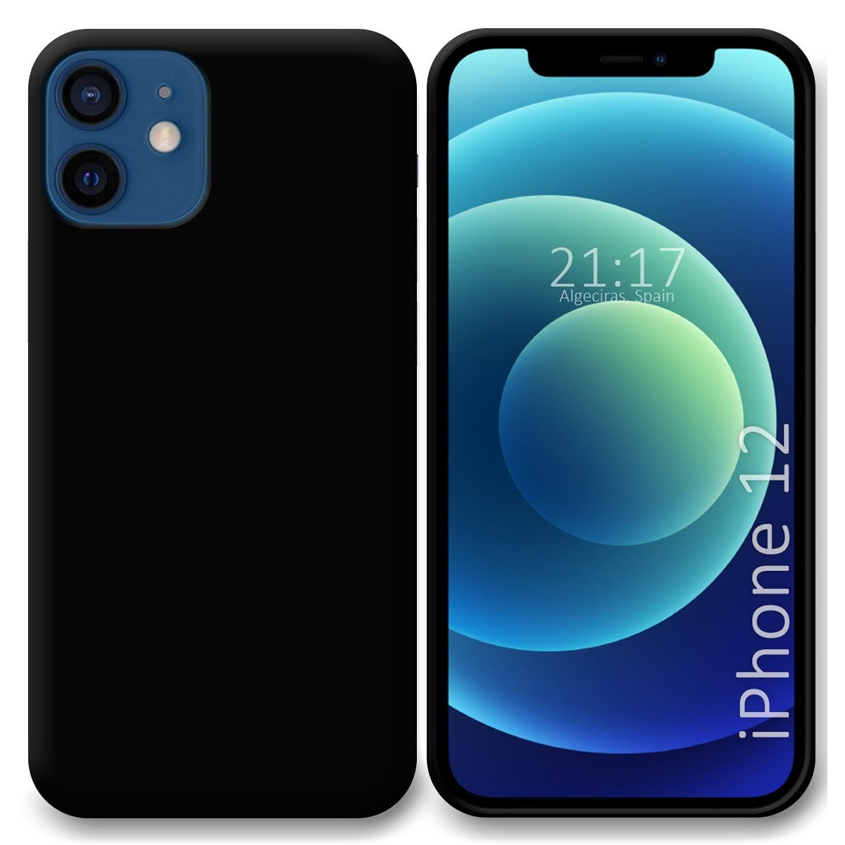 Custodia con retro nero e area fotocamera blu. Lo schermo del telefono mostra del testo.