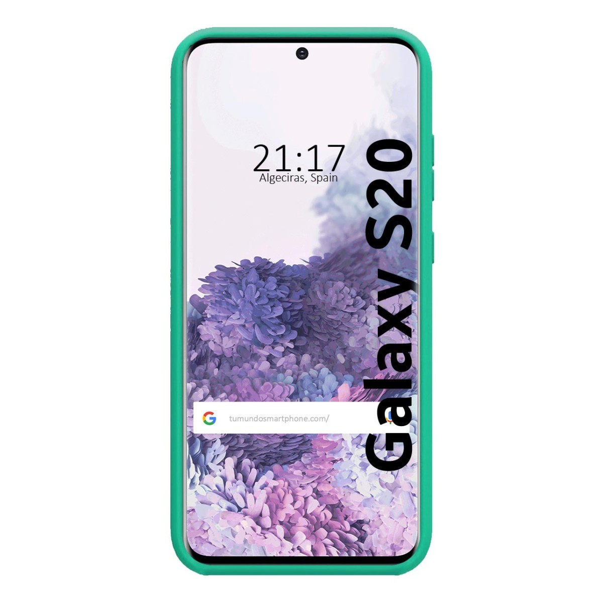 Telefono con custodia verde. Il telefono mostra l'ora e "Galaxy S20" su sfondo viola.