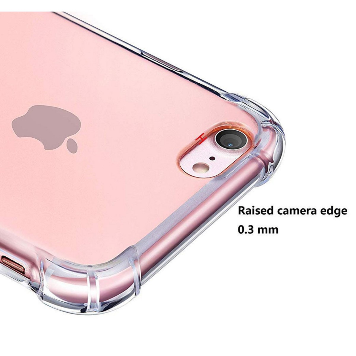 Primo piano di una custodia per telefono con bordo della fotocamera rialzato. La custodia è trasparente e mostra un telefono rosa.