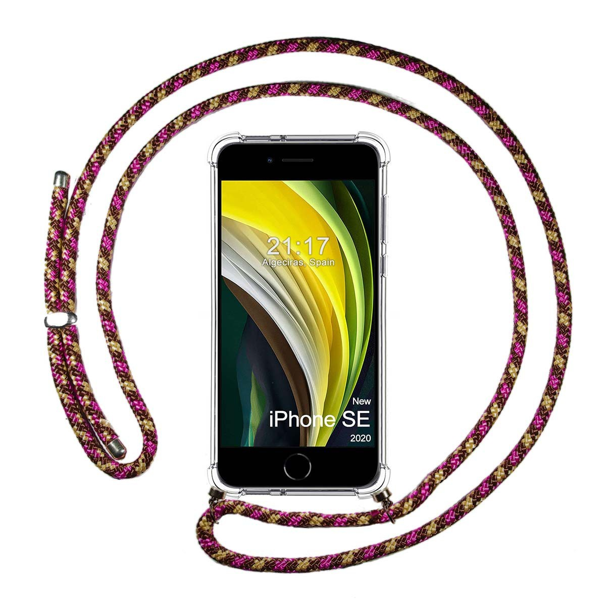Una custodia trasparente con una collana di corda rosa e oro. Il telefono mostra ora e luogo.