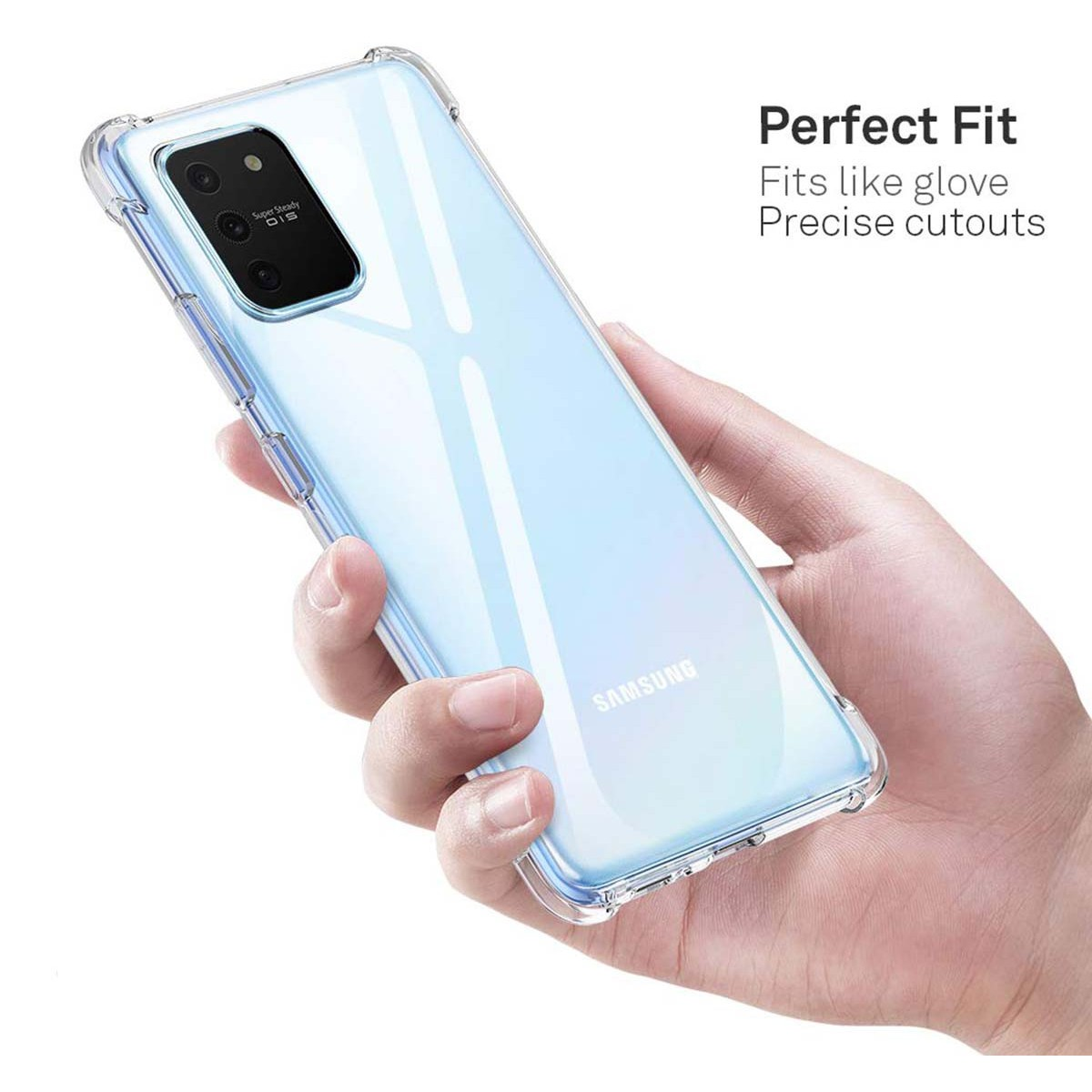 Custodia trasparente per telefono con un telefono all'interno, tenuto in mano. Il telefono è blu.