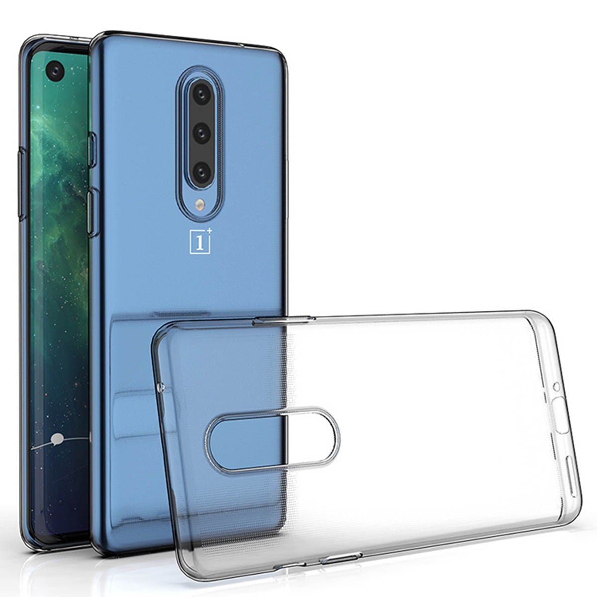 Teléfono azul con otros dos teléfonos y una funda transparente. Fondo blanco.