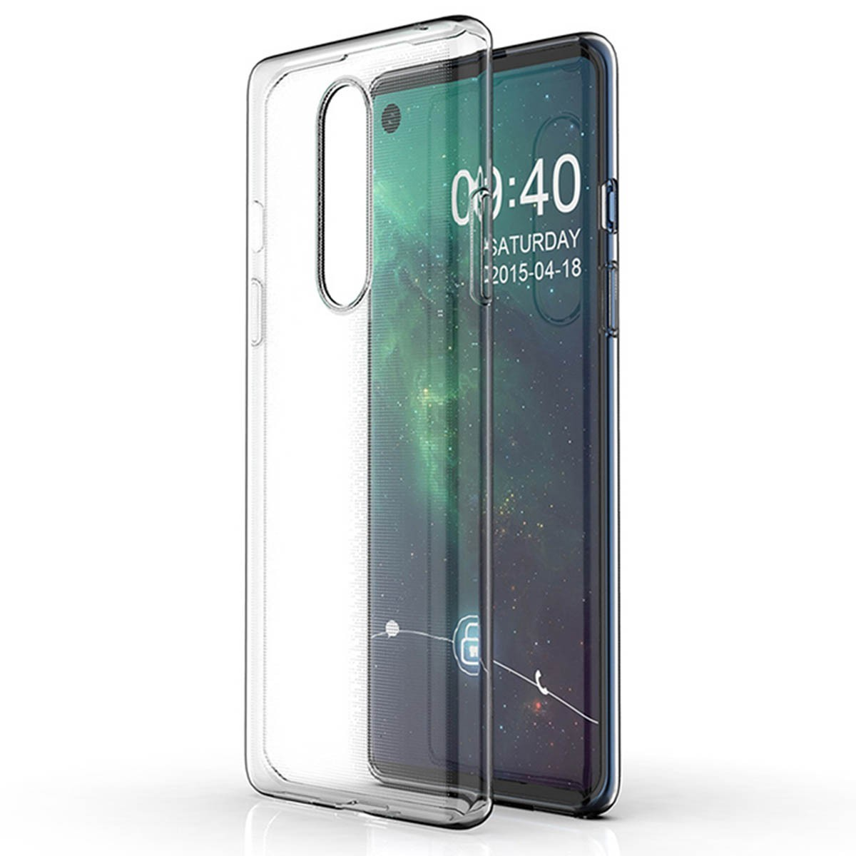 Funda de teléfono transparente, teléfono dentro con la hora.
