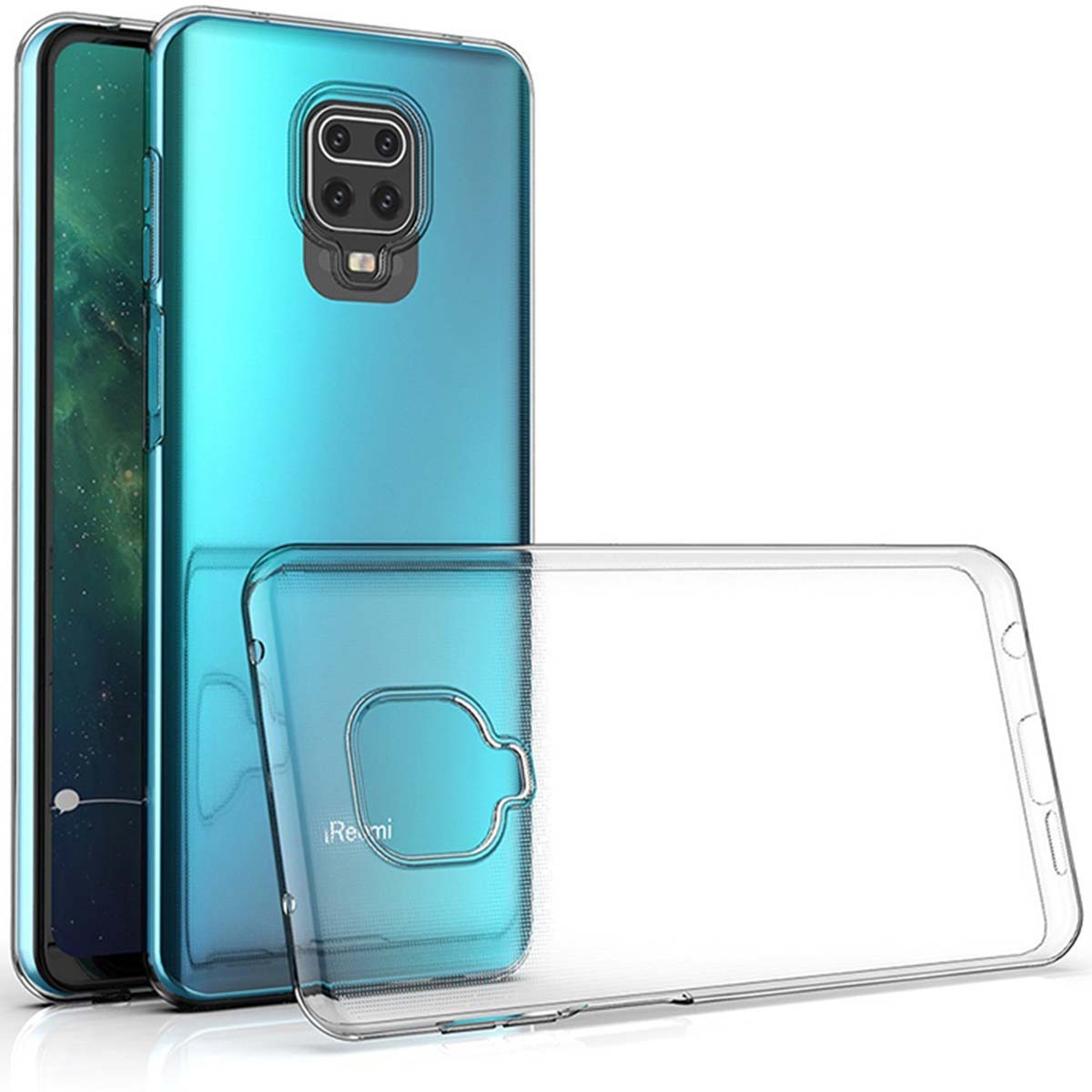 Teléfono turquesa con una funda transparente. La funda y el teléfono están sobre una superficie blanca.