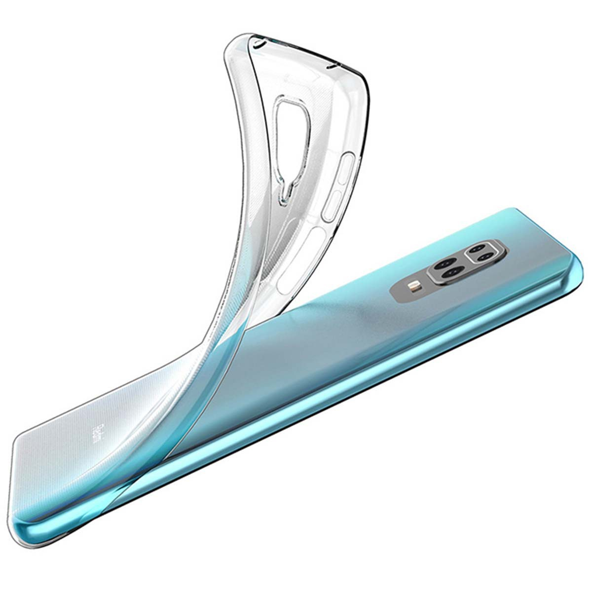 Funda transparente para teléfono, con un teléfono Redmi dentro. La funda es transparente.