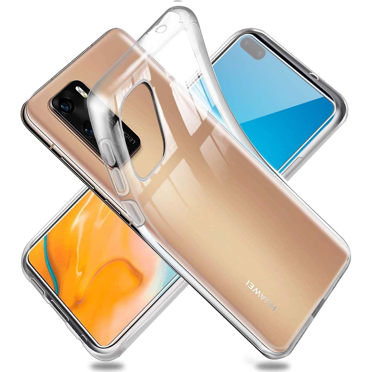 Varios teléfonos están apilados, mostrando fundas transparentes. El teléfono superior tiene una pantalla azul.