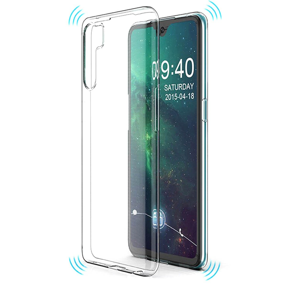 Una funda transparente con un teléfono dentro. El teléfono muestra una fecha y hora.