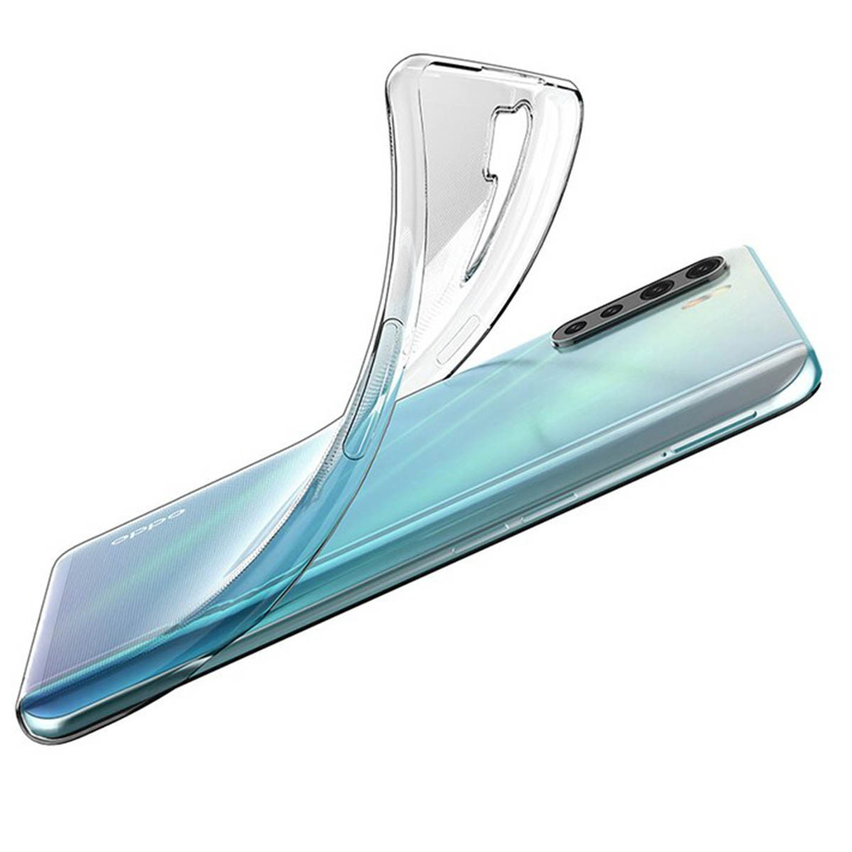 Funda de teléfono transparente con un teléfono dentro. Un teléfono está en la funda.