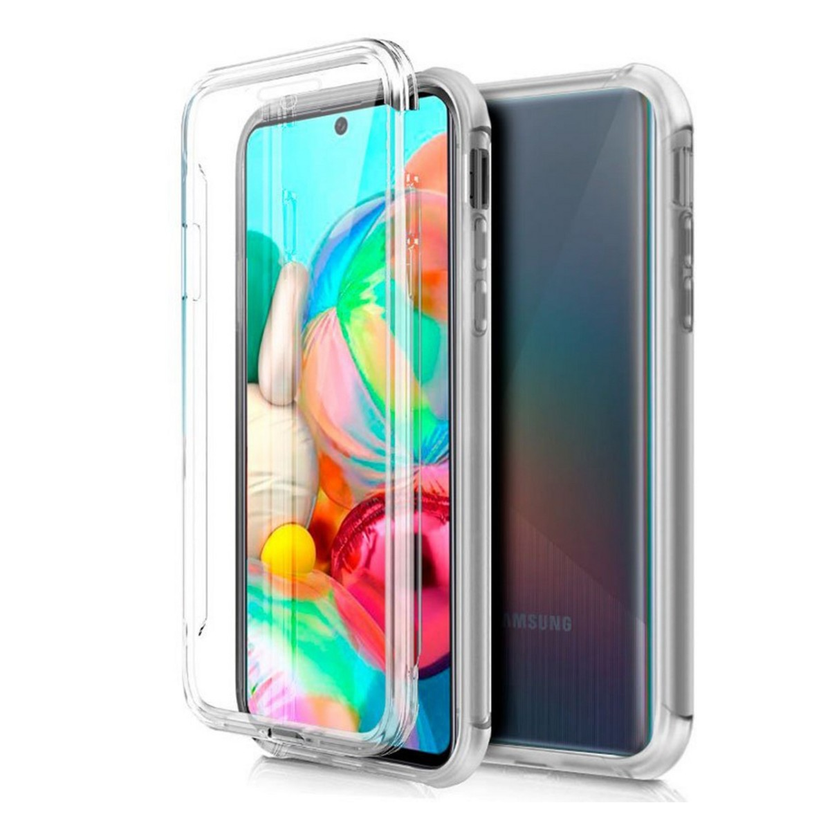 Custodia trasparente con telefono all'interno. Il telefono mostra un'immagine astratta.