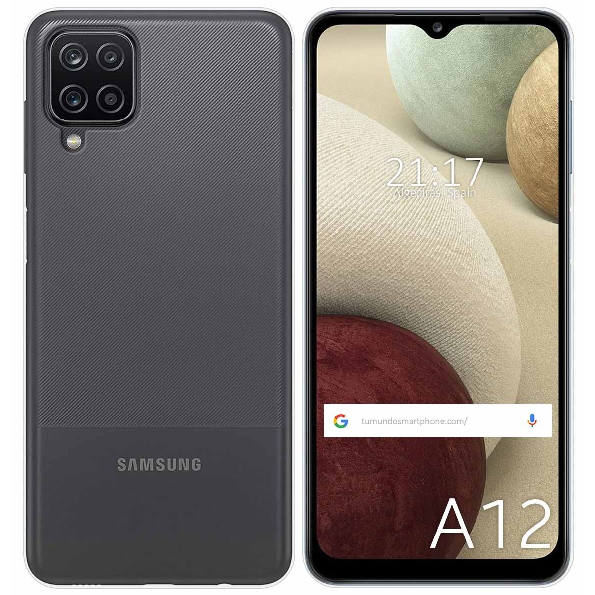 Custodia grigio scuro. Telefono mostra ora e testo A12.