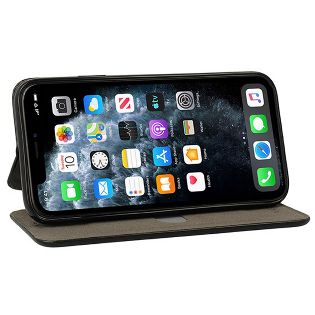 Telefono con cornice nera aperta, che mostra le app.
