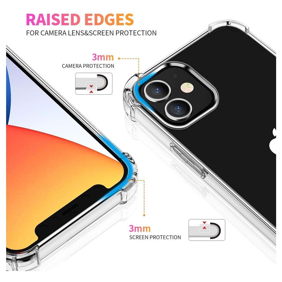Primer plano de una funda para teléfono. La funda es transparente, con bordes elevados para la protección de la cámara y la pantalla.