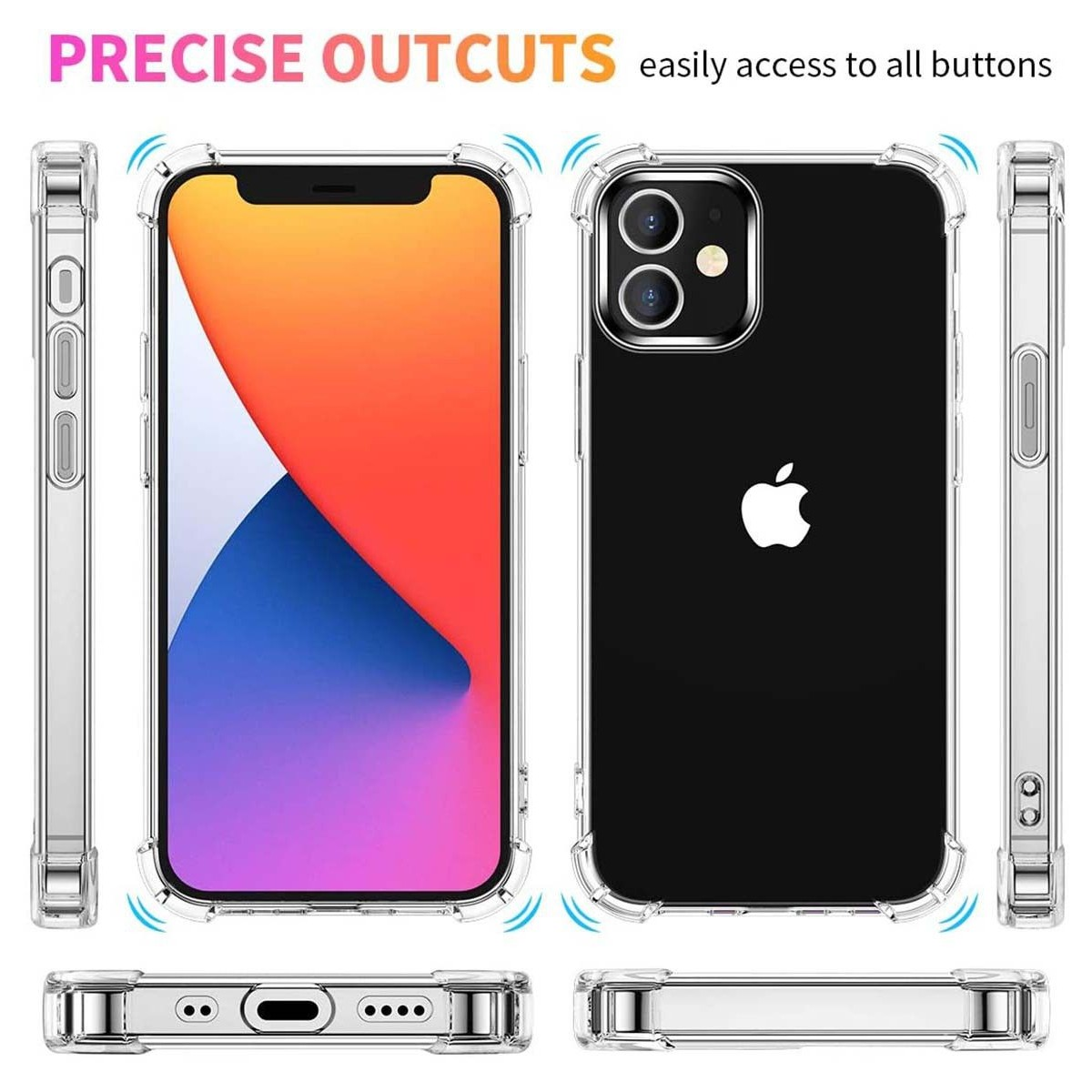 Funda transparente que muestra un teléfono con recortes precisos. El teléfono tiene el logo de Apple en blanco.