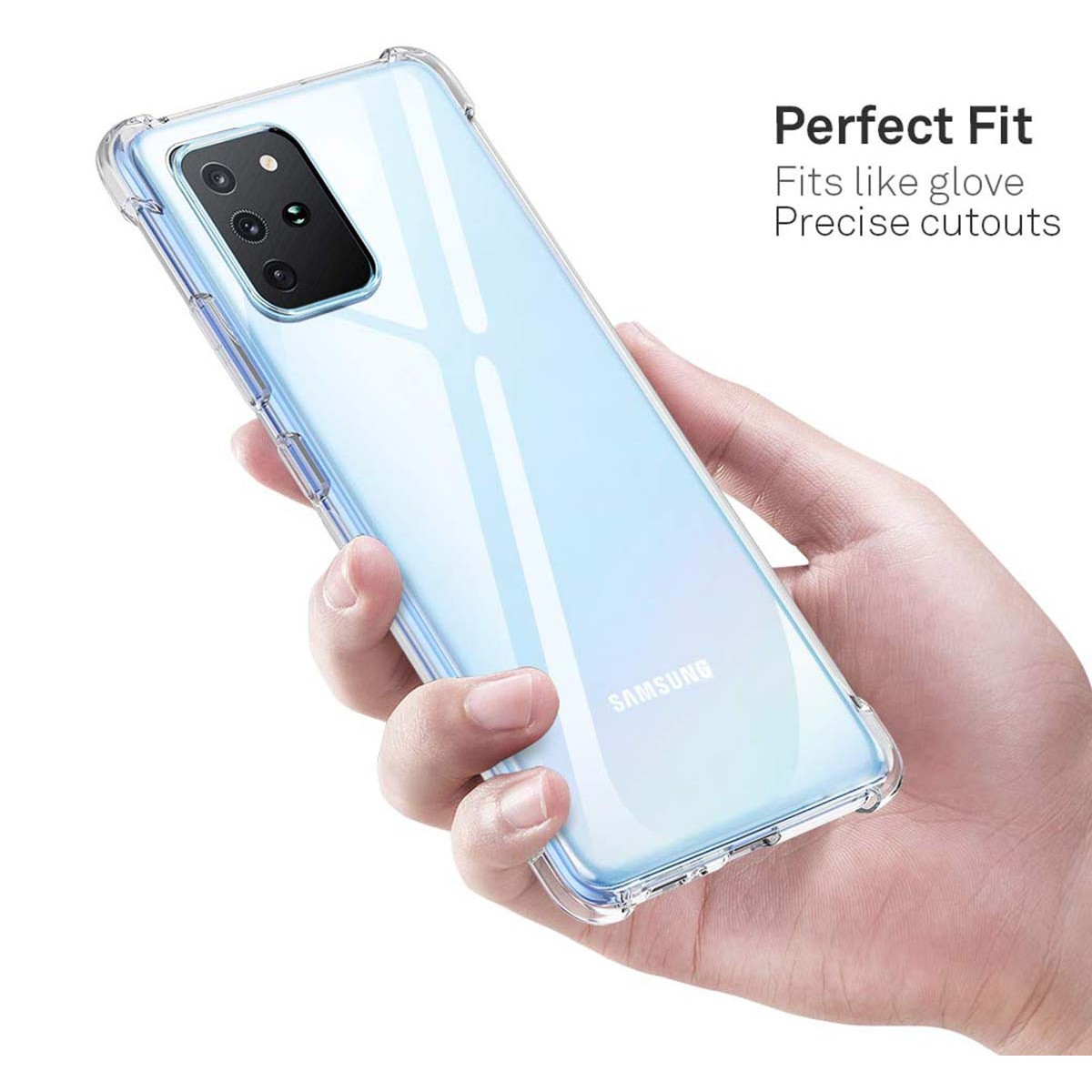 Una mano sosteniendo una funda de teléfono transparente sobre un teléfono.