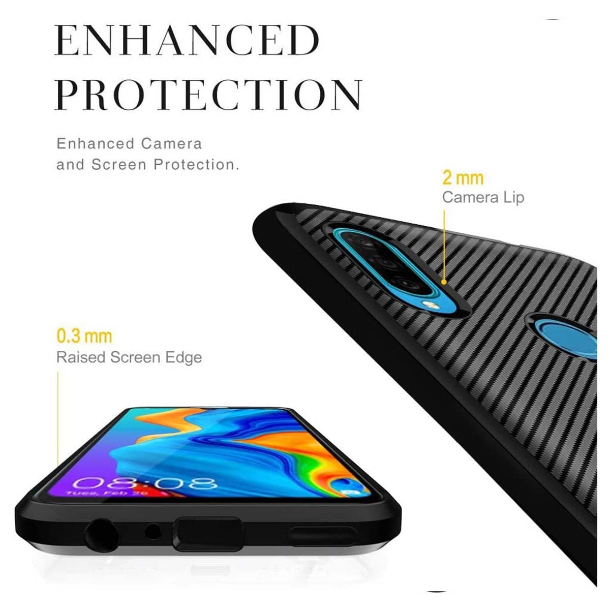 Funda para teléfono con textura de fibra de carbono negra y gris. Protección mejorada de pantalla y cámara.