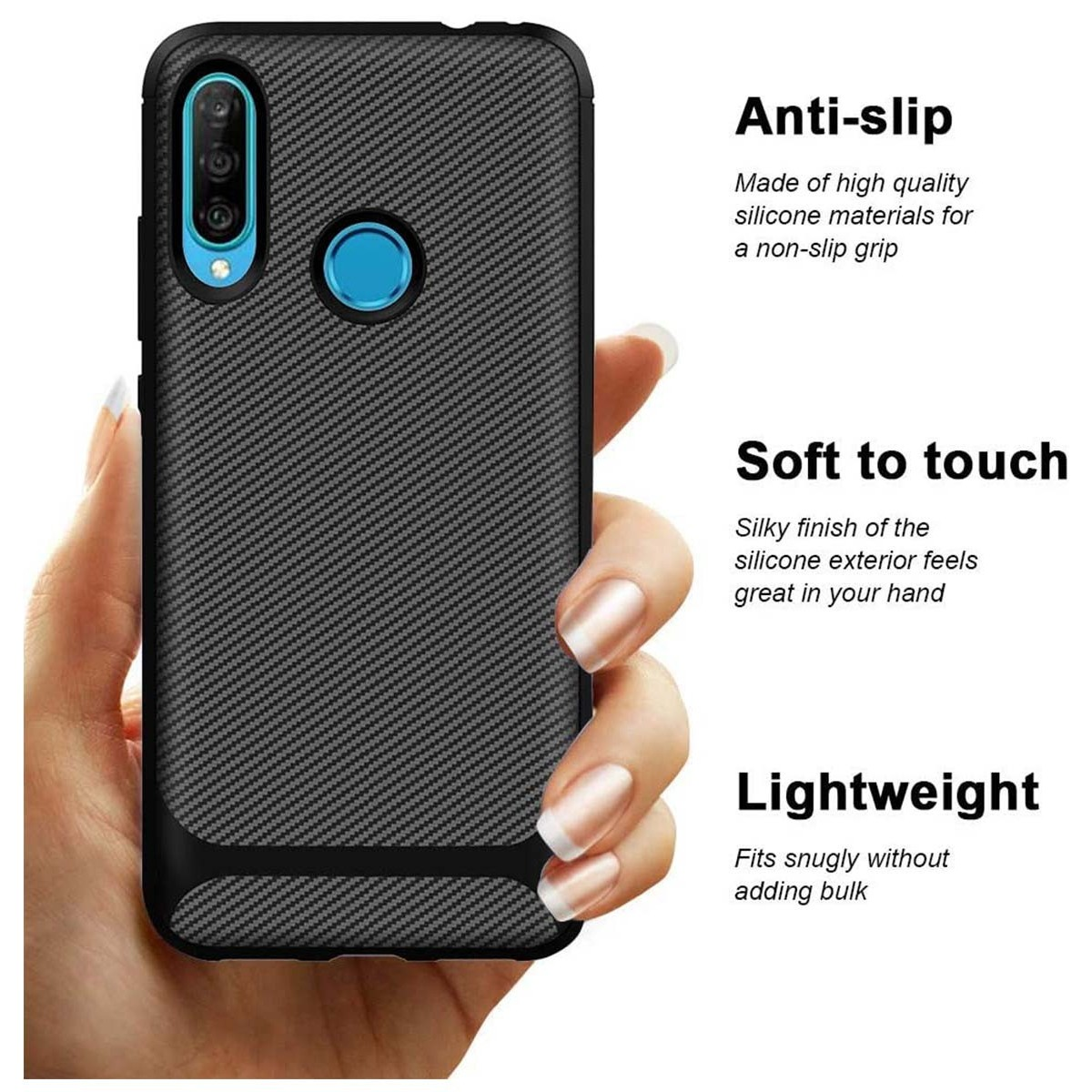 Imagen muestra una mano sosteniendo una funda de teléfono con texto sobre características antideslizantes y de tacto suave.