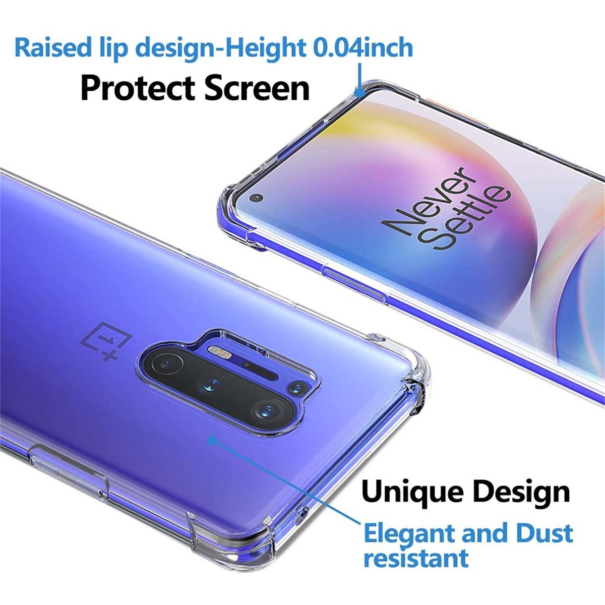 Primer plano de funda y teléfono, con texto sobre características.