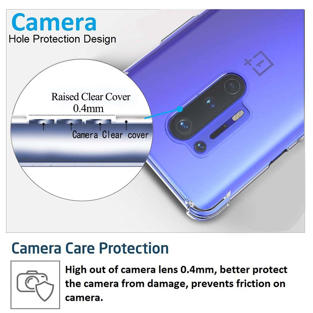 Imagen detallada de un teléfono morado con protección de lente de cámara y texto.