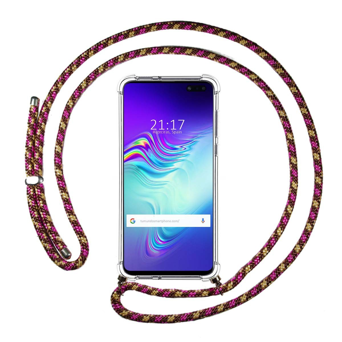 Telefono con cordino rosa e giallo. Il telefono mostra l'ora e una barra di ricerca.