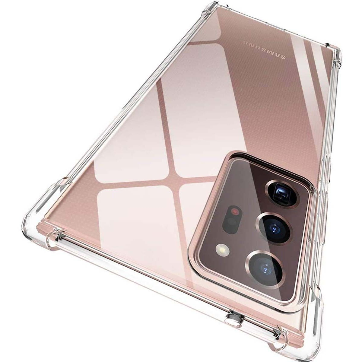 Custodia per telefono trasparente, vista angolata, con telefono all'interno. Il telefono ha un design sfumato rosa.