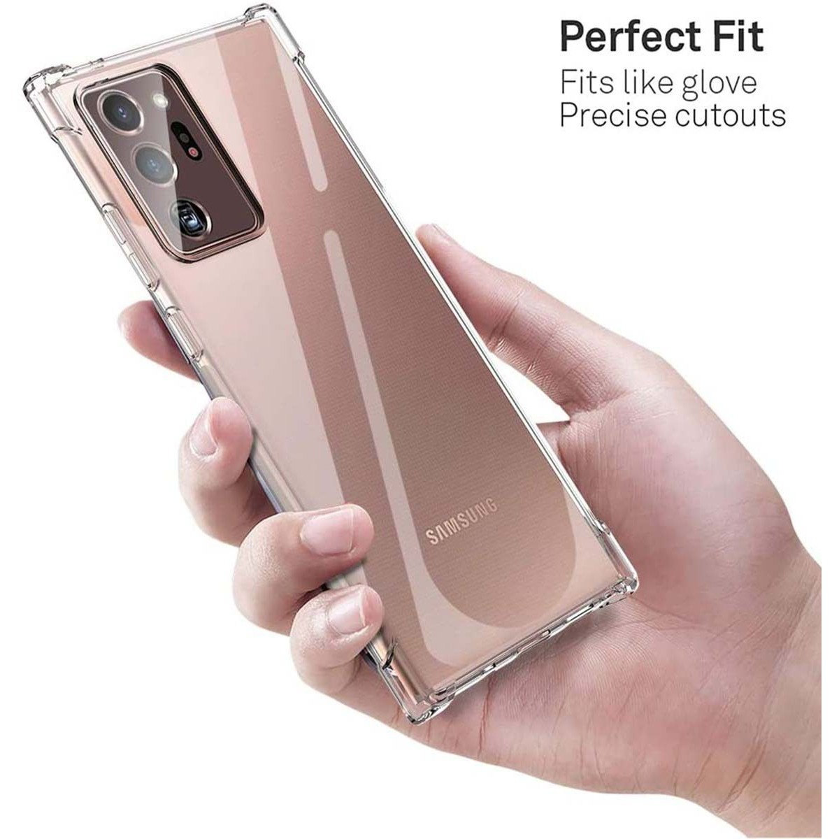 Una custodia trasparente per telefono tenuta in mano. Le parole 'Perfect Fit' sono stampate sopra.
