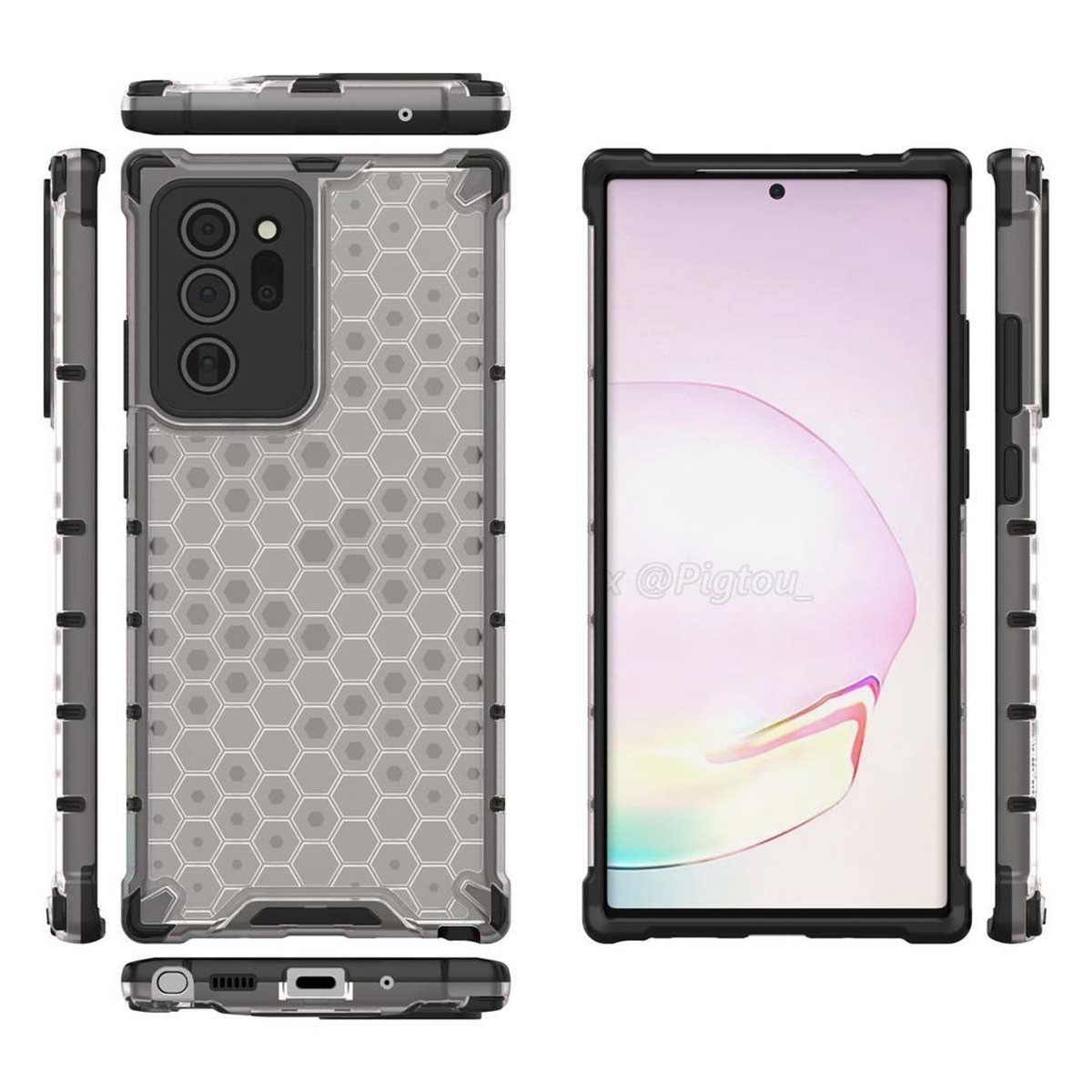 Funda de teléfono con un patrón hexagonal. Tiene un marco protector y un teléfono con pantalla rosa.