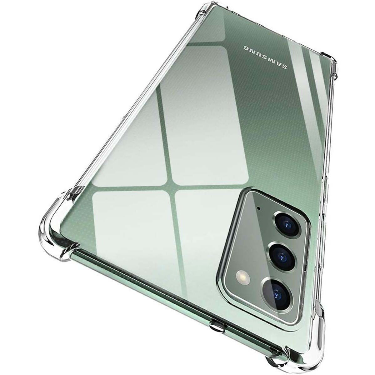 Una custodia trasparente per telefono su sfondo verde. La custodia ha una fotocamera.