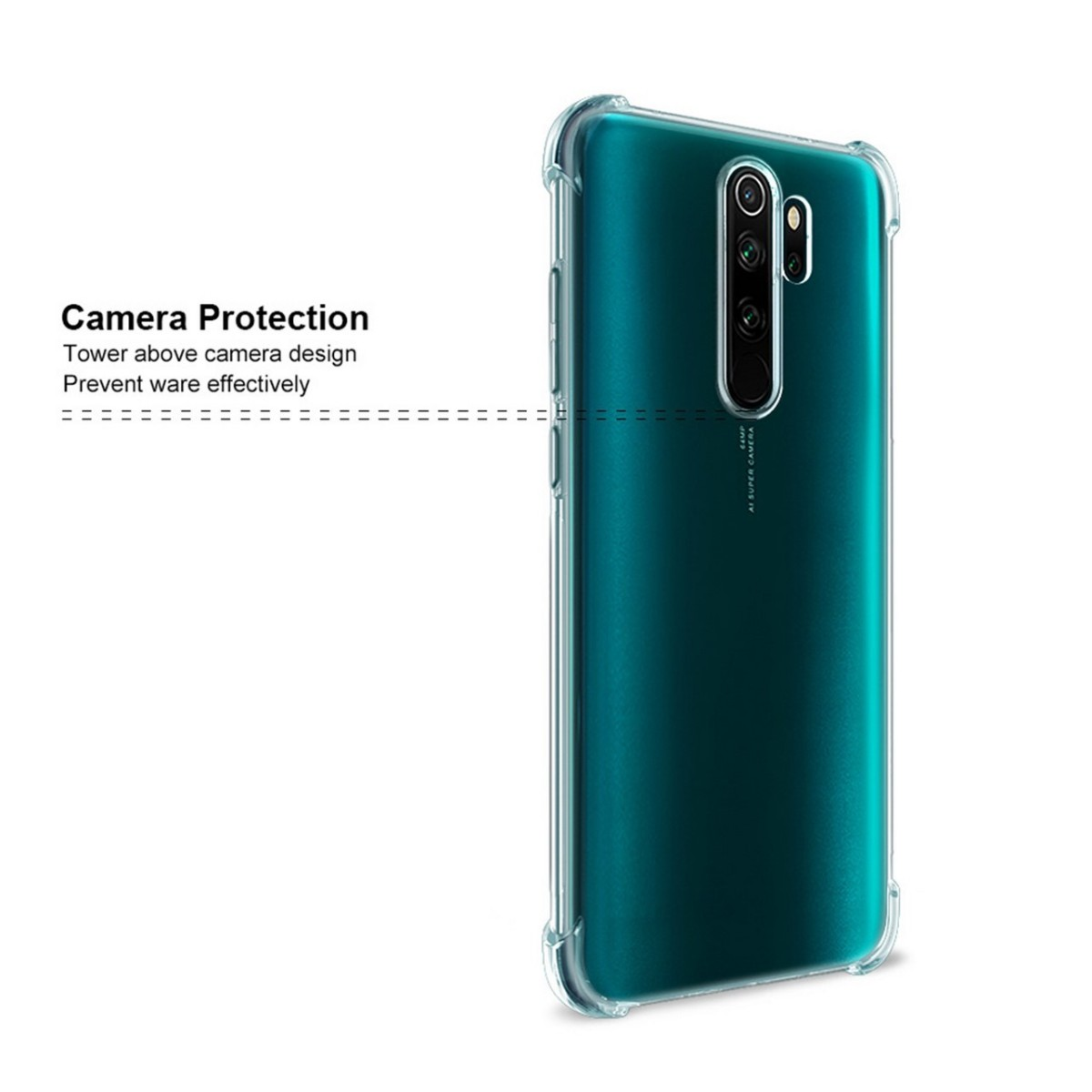 Custodia per telefono con protezione della fotocamera, custodia trasparente e retro verde.