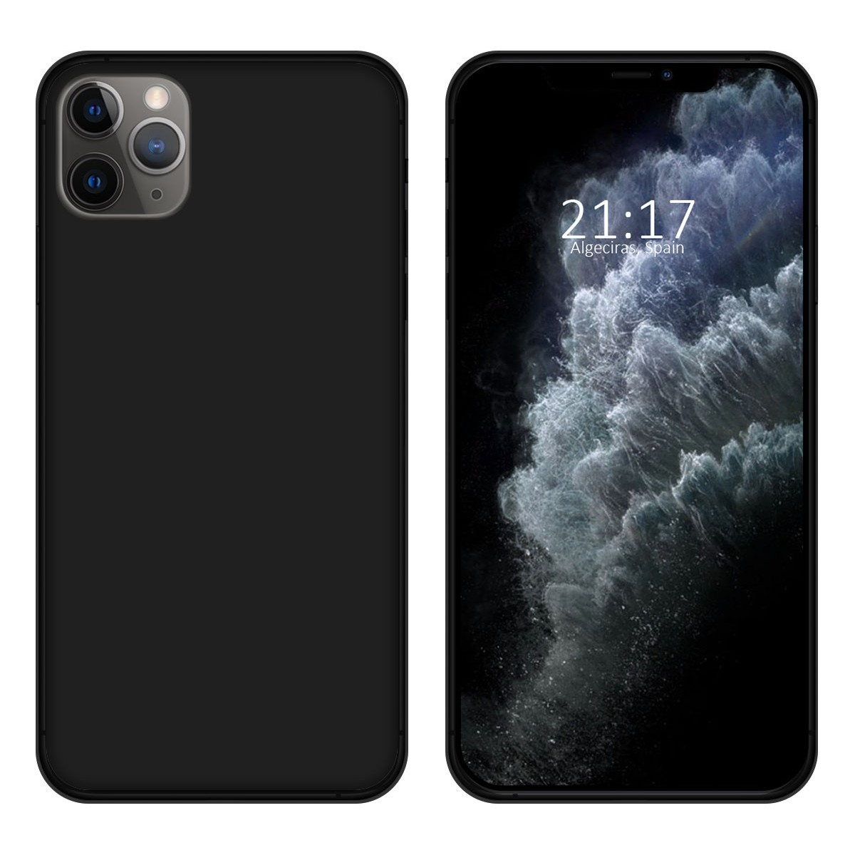 Custodia per telefono con un design nero su un lato e uno schermo del telefono sull'altro.