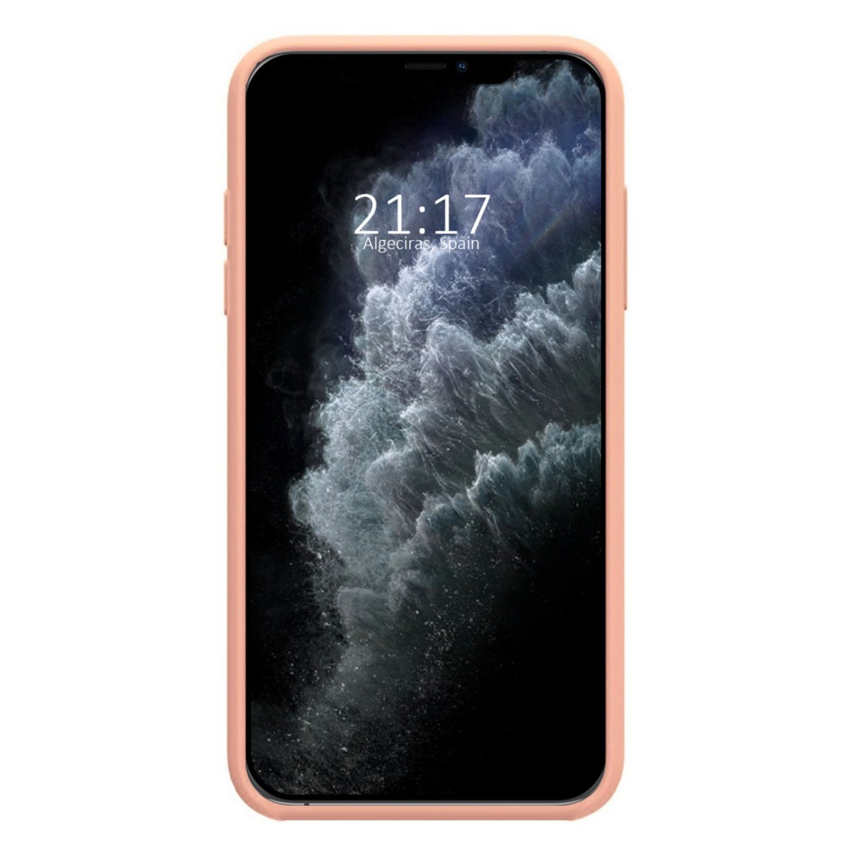 iPhone che mostra una schermata di blocco con ora e posizione, in una custodia color pesca.