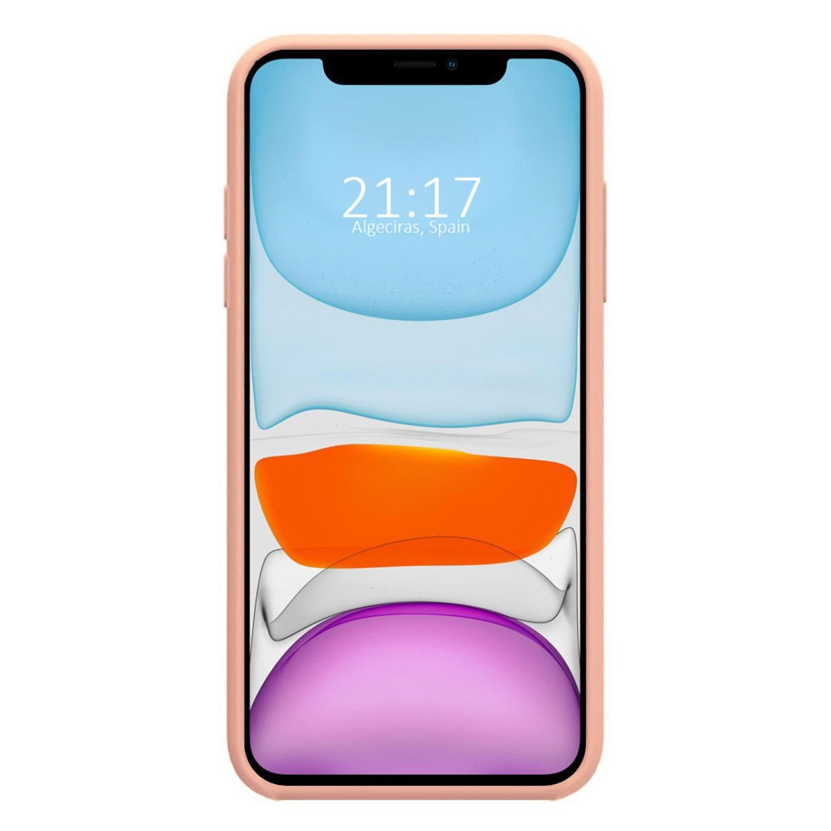 Una custodia per telefono con un bordo rosa e uno schermo che mostra un design astratto colorato e l'ora.