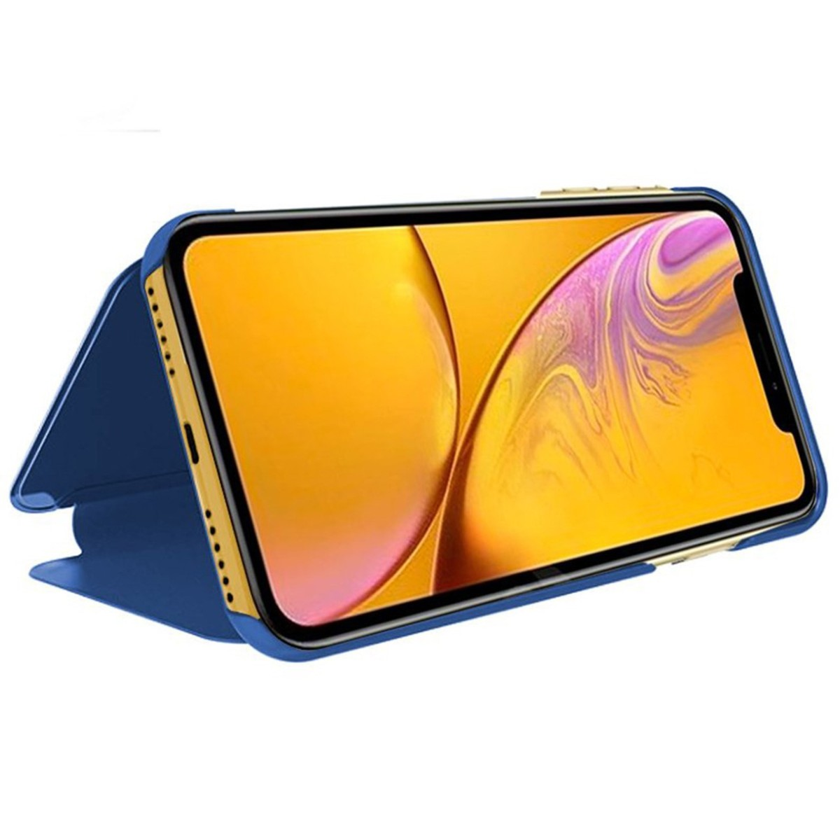 Funda azul, abierta, mostrando un teléfono con diseño amarillo y dorado en la pantalla.