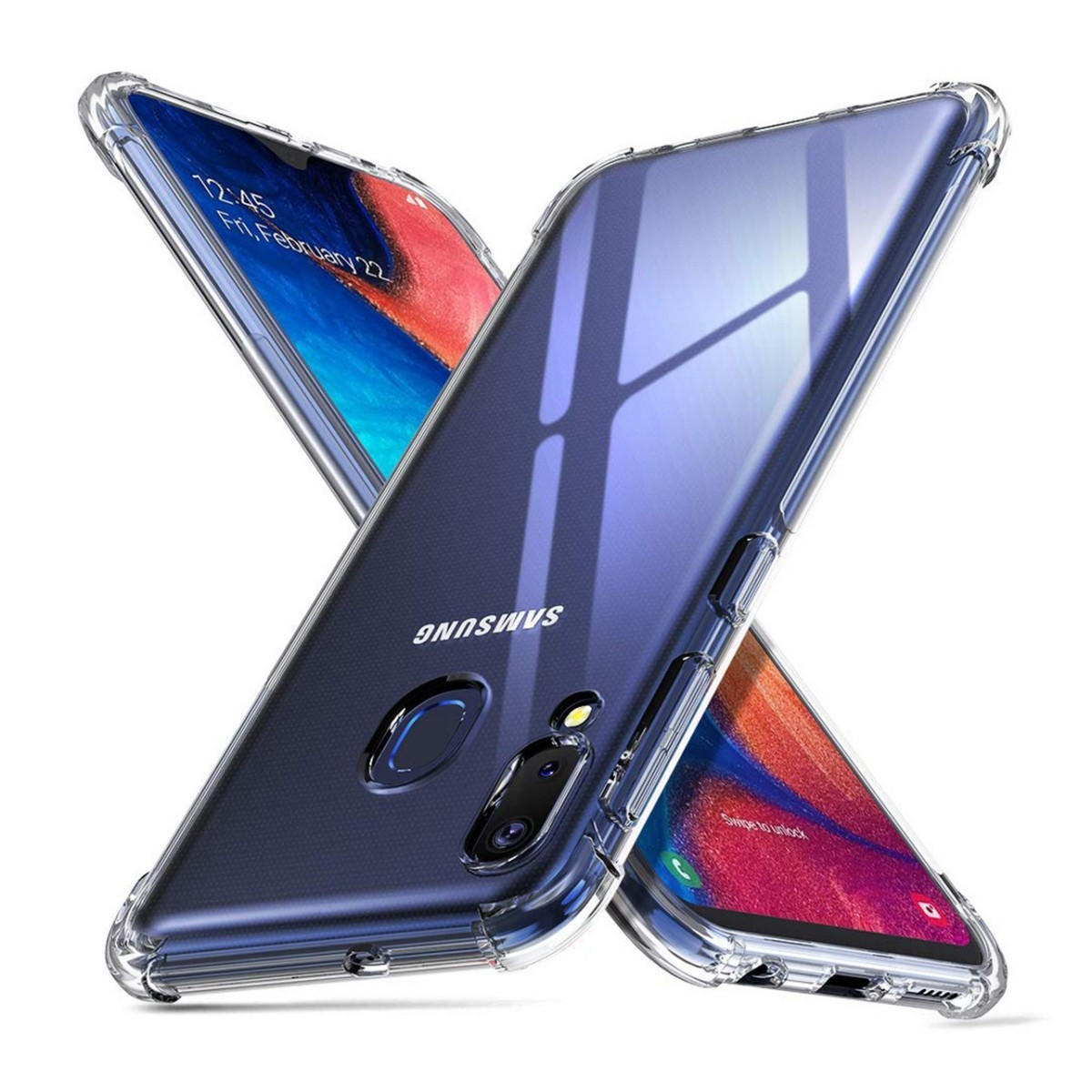 Fundas de teléfono transparentes apiladas, mostrando un teléfono con pantalla visible.