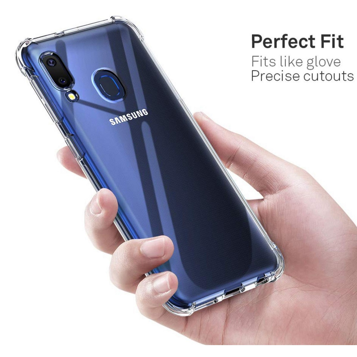 Mano sosteniendo una funda transparente sobre un teléfono azul.