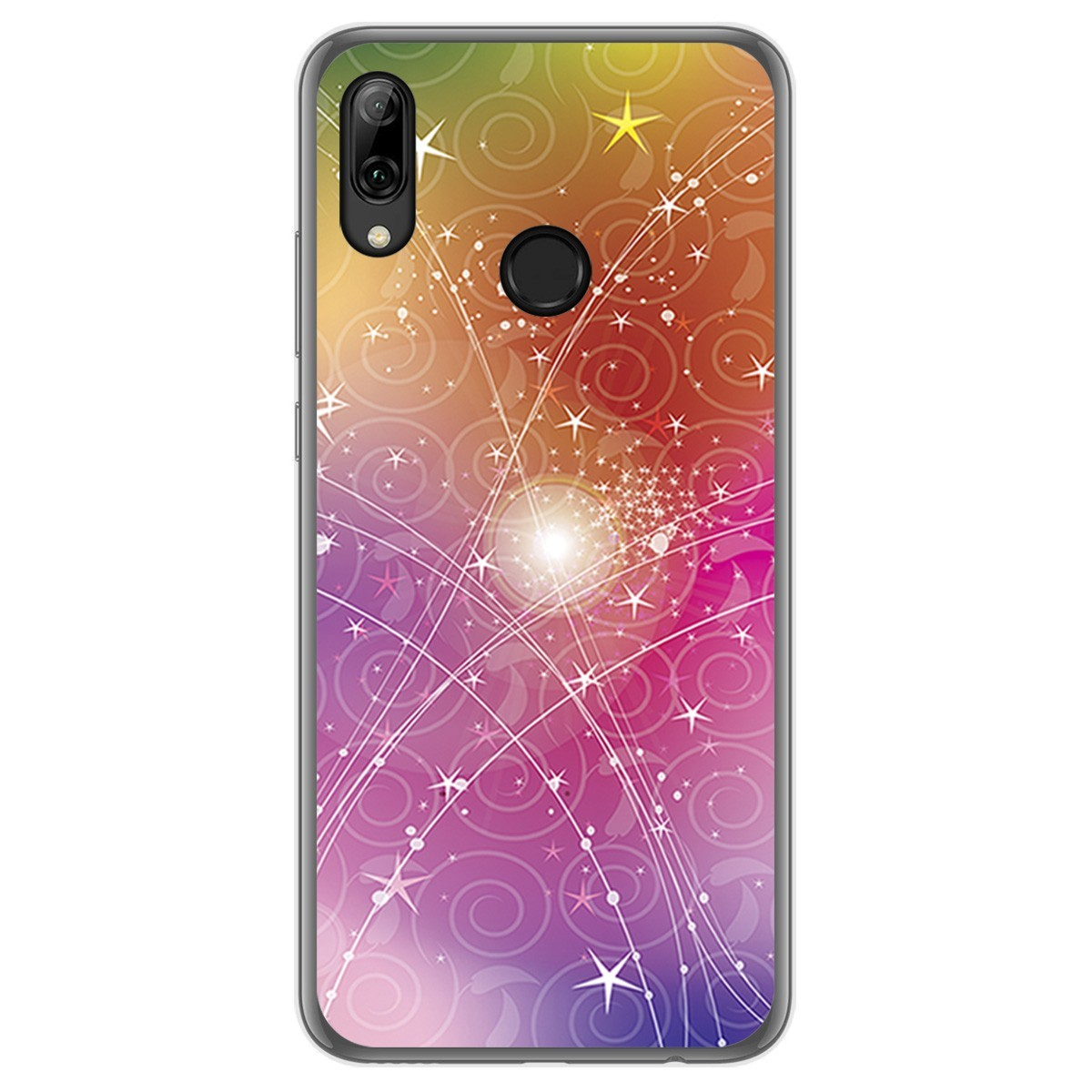 Funda de teléfono con un diseño estrellado y remolinos coloridos.