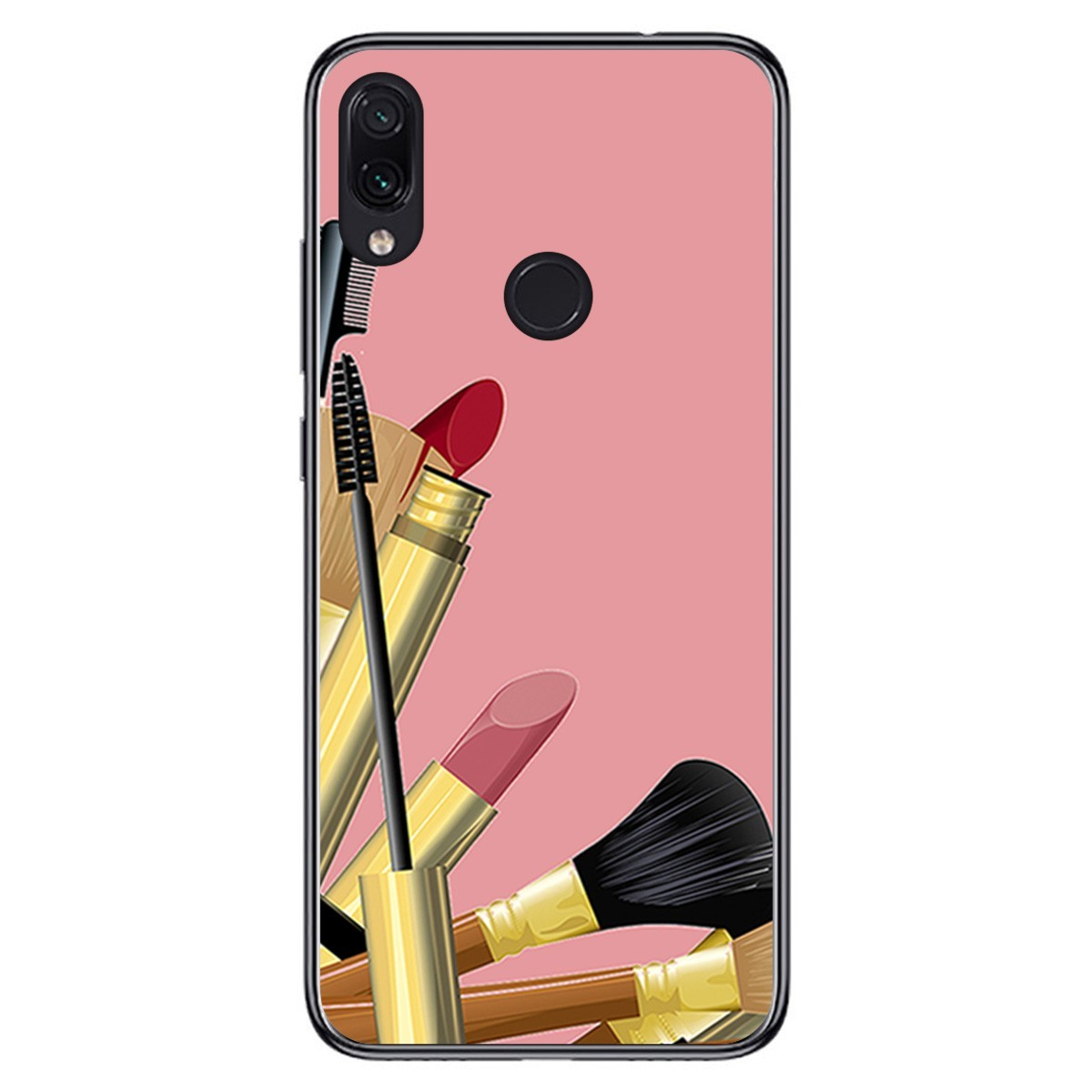 Funda de teléfono con accesorios de maquillaje. Máscara de pestañas, lápiz labial y brochas sobre fondo rosa.