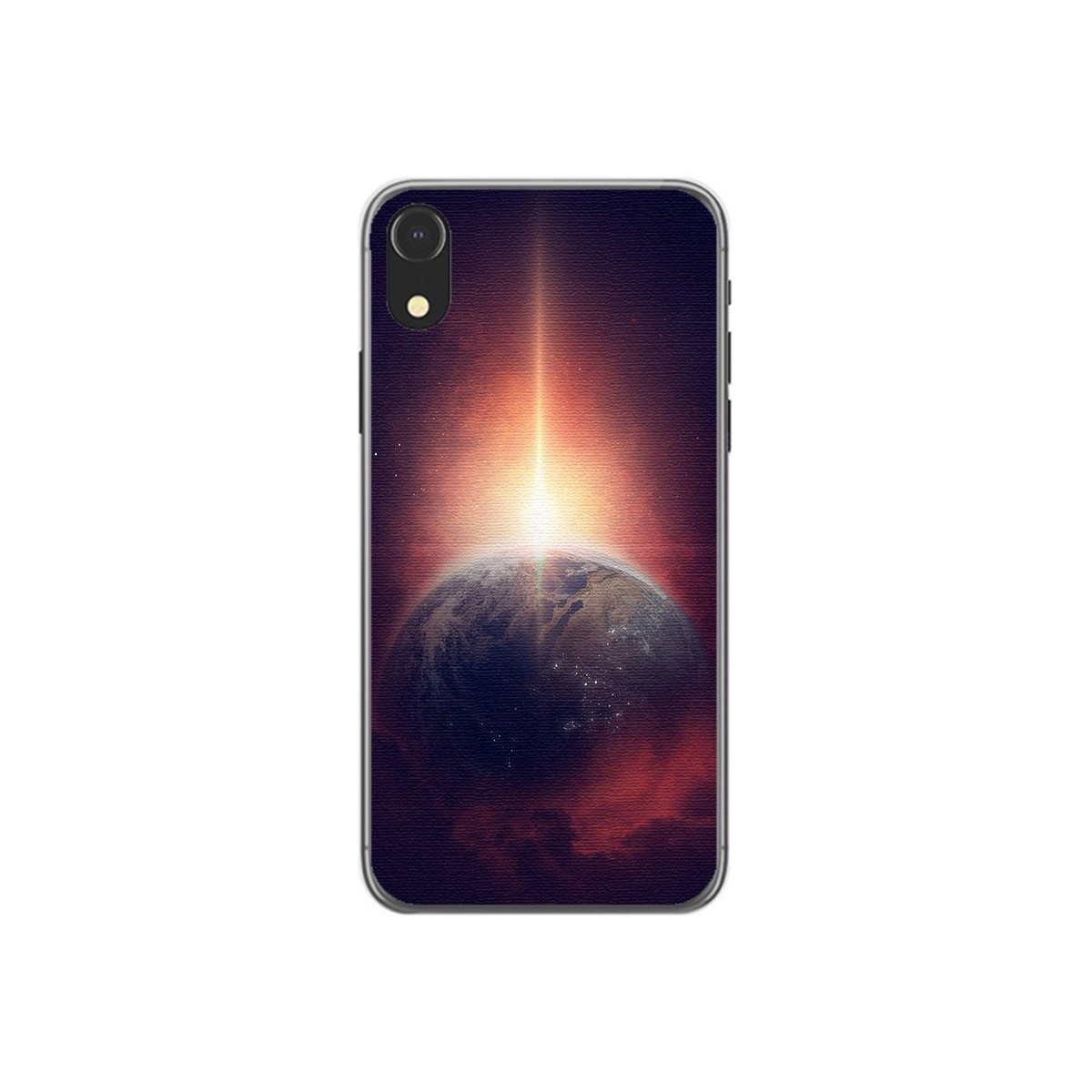 Funda de teléfono con una escena espacial que representa la tierra y una luz brillante.