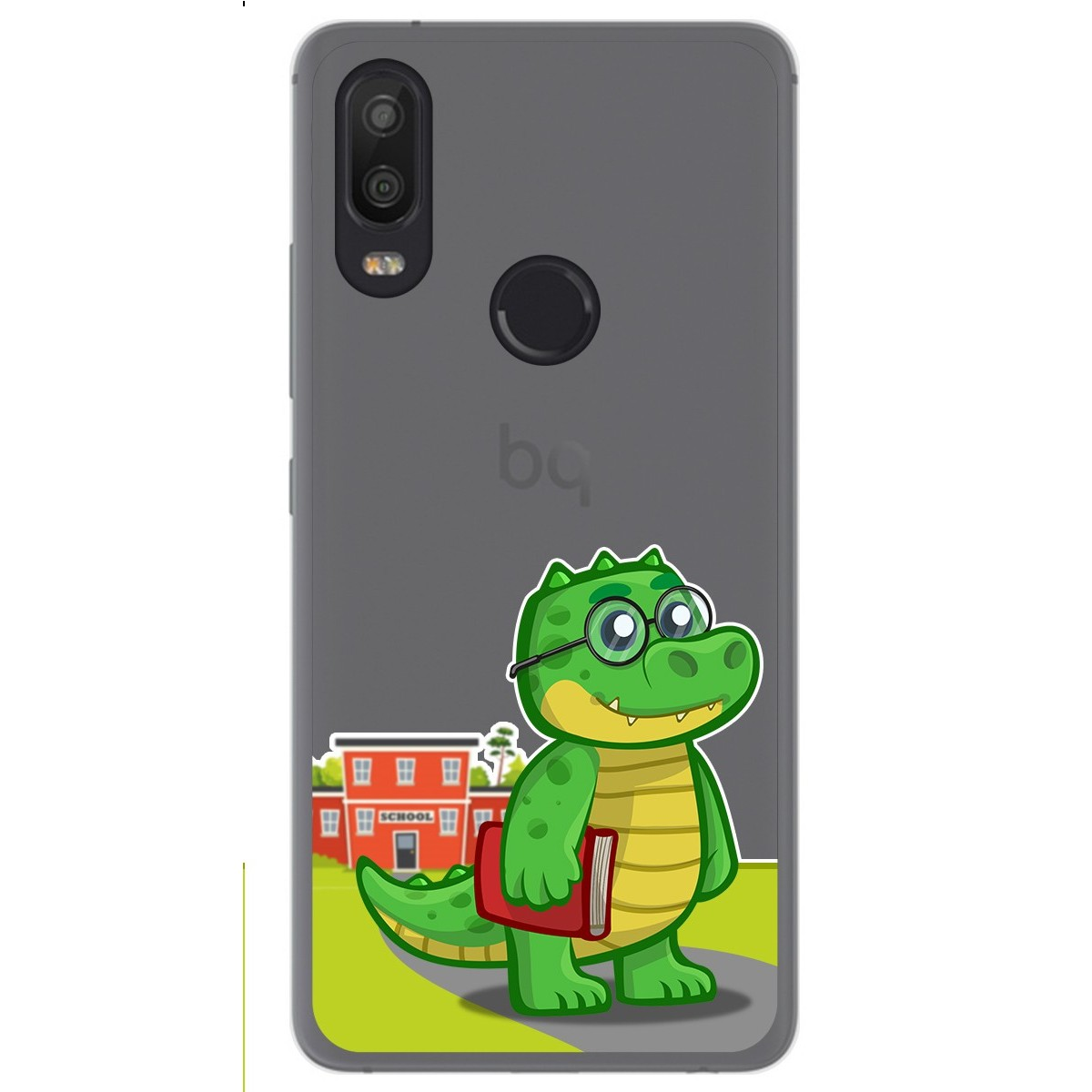 Funda de teléfono con tema escolar con un cocodrilo de dibujos animados con gafas y libro.