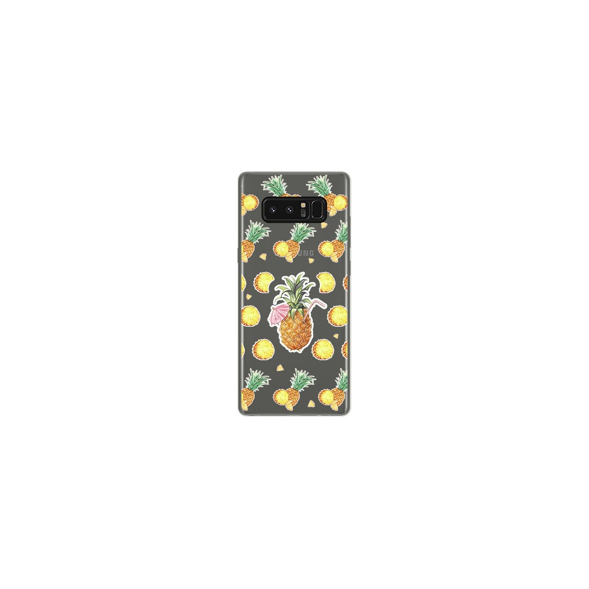 Funda de teléfono con un patrón de piñas y limones. Una piña tiene un paraguas pequeño.