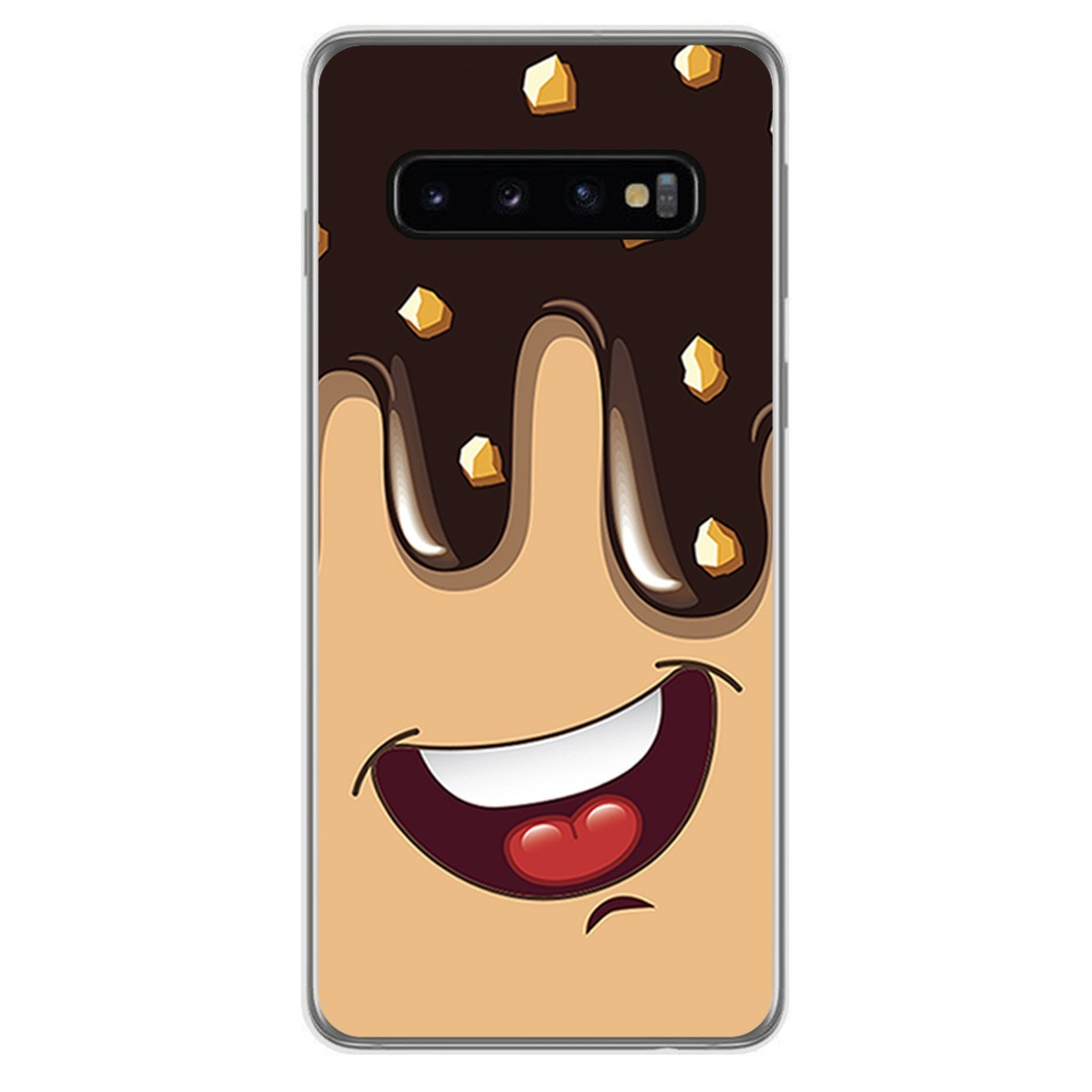 Funda de teléfono con una cara de dibujos animados de un postre de chocolate con una expresión sonriente.