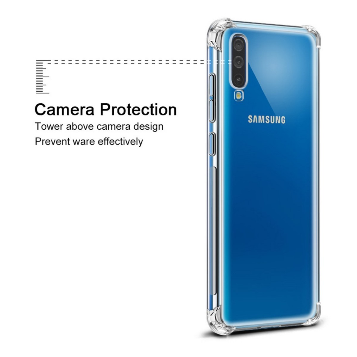 Funda de teléfono. Carcasa transparente con teléfono azul dentro. Texto sobre protección de la cámara.