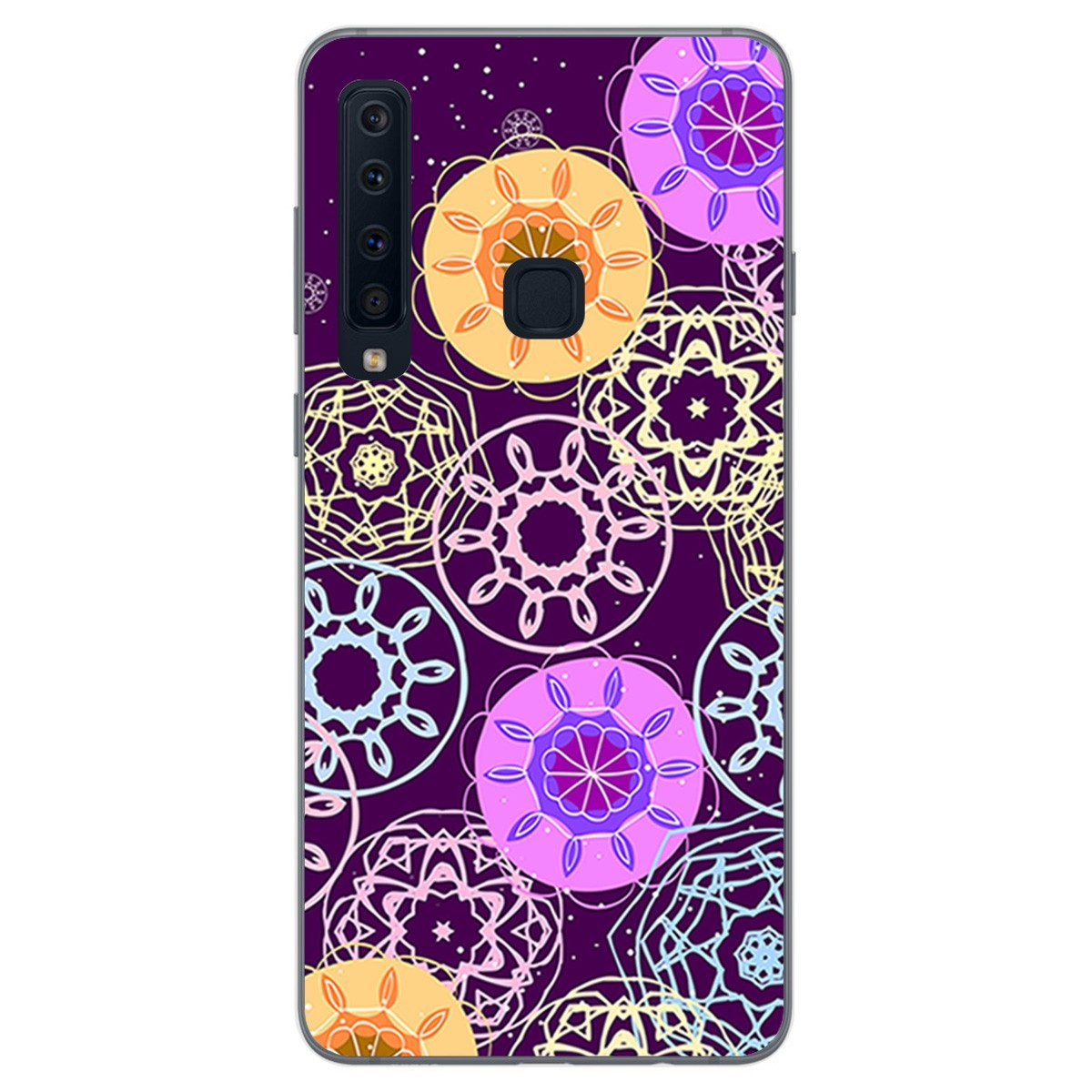 Funda de teléfono con un patrón floral púrpura en la parte posterior.