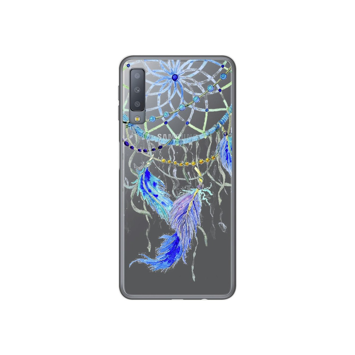 Funda de teléfono con un diseño de atrapasueños, plumas azules y moradas.