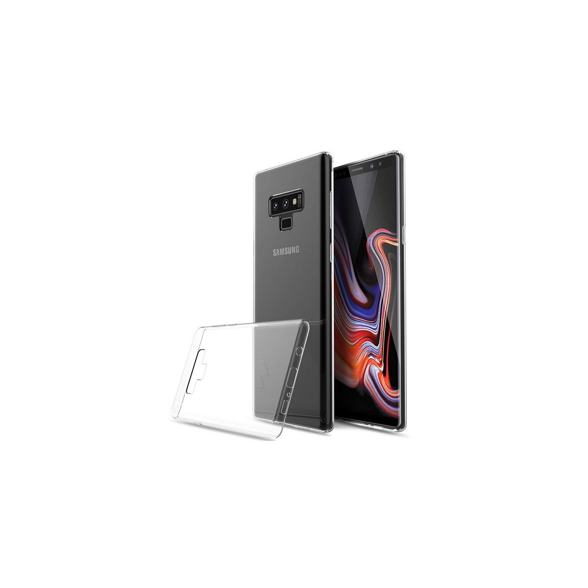 Dos teléfonos, uno negro y otro transparente, apoyados uno contra otro sobre un fondo blanco.