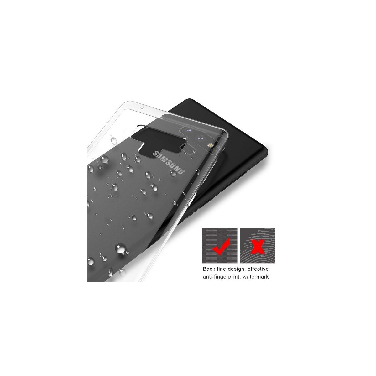 Funda de teléfono y su funda protectora, mostrando gotas de agua e iconos de huellas dactilares.